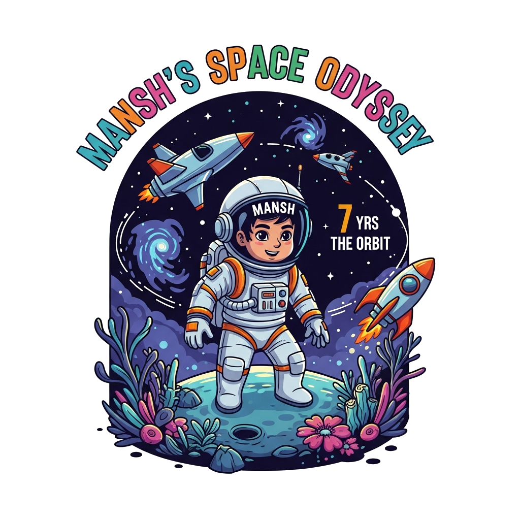 Custom design: A detailed and vibrant illustration of a 7-year-old Indian astronaut named Mansh, with 'Mansh' subtly integrated into...