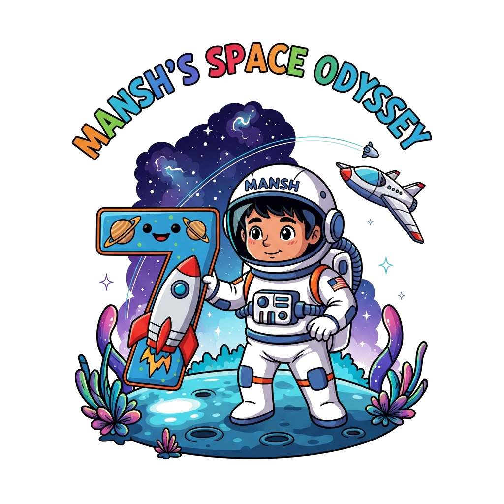 Custom design: A vibrant illustration of a 7-year-old Indian astronaut named Mansh, with 'Mansh' subtly integrated into his helmet, ...