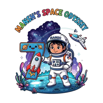 Design: A vibrant illustration of a 7-year-old Indian astronaut named Mansh, with 'Ma...
