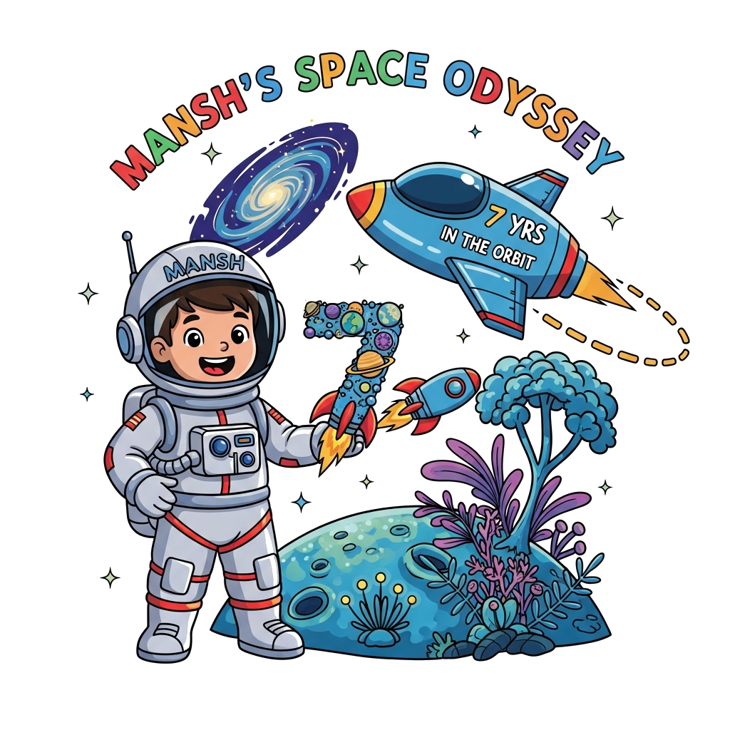 Custom design: A vibrant, child-friendly illustration featuring a cheerful 7-year-old Indian astronaut named Mansh, with 'Mansh' sub...