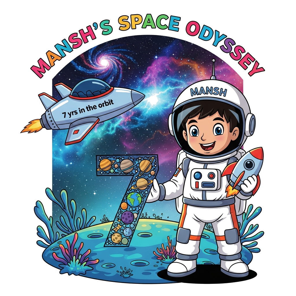 Custom design: A vibrant, child-friendly illustration featuring a cheerful 7-year-old Indian astronaut named Mansh. 'Mansh' is subtl...
