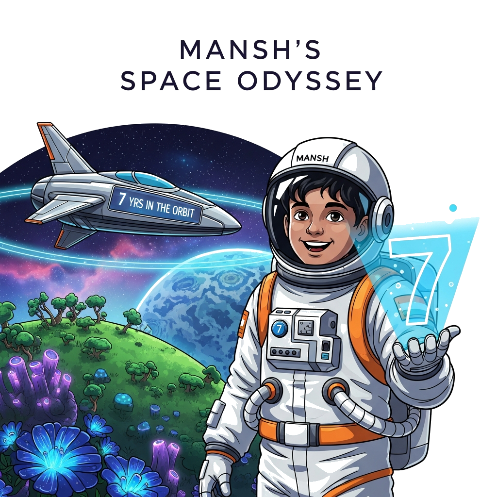 Custom design: A highly detailed digital painting of a cheerful 7-year-old Indian astronaut, Mansh, in a modern, sleek white and ora...