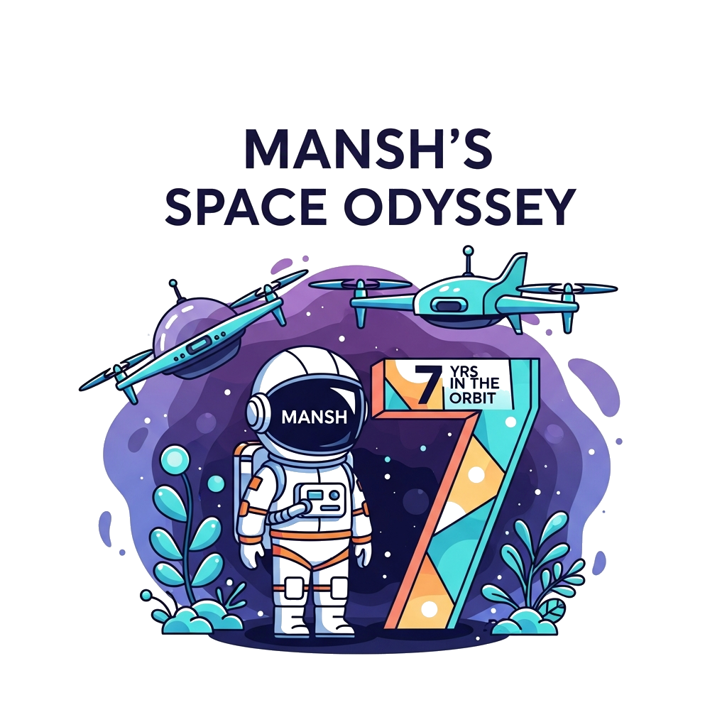 Custom design: A vibrant, modern flat design illustration of a 7-year-old Indian astronaut, Mansh, in a minimalist, clean-lined spac...