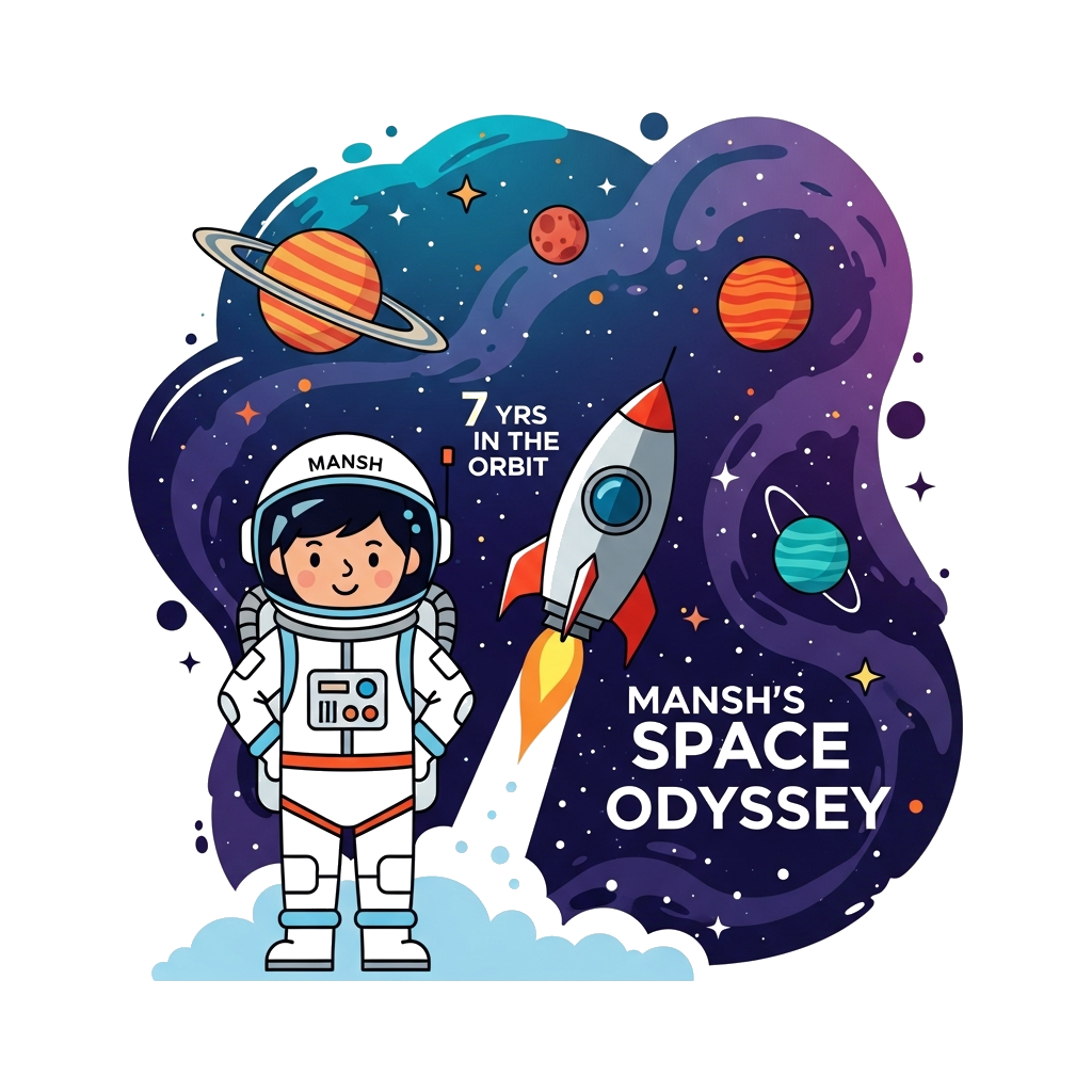 Custom design: A vibrant, modern flat design illustration of a 7-year-old Indian astronaut, Mansh, in a minimalist, clean-lined spac...