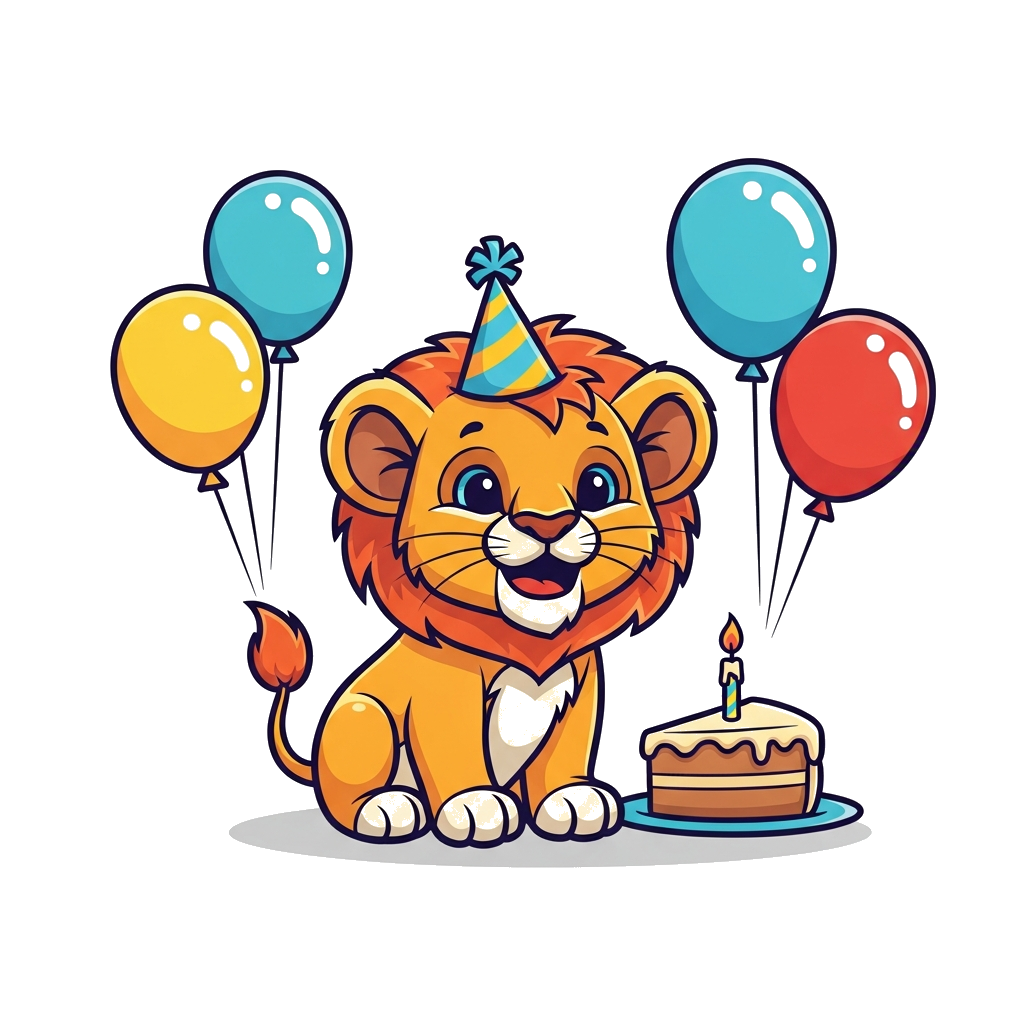 Custom design: A cheerful cartoon lion cub wearing a tiny party hat, surrounded by colorful balloons and a slice of birthday cake wi...