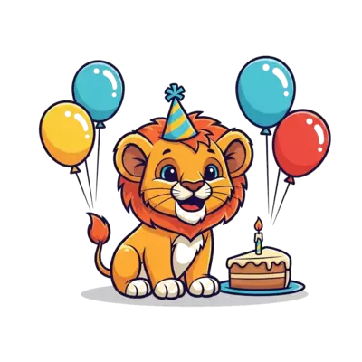 Design: A cheerful cartoon lion cub wearing a tiny party hat, surrounded by colorful ...
