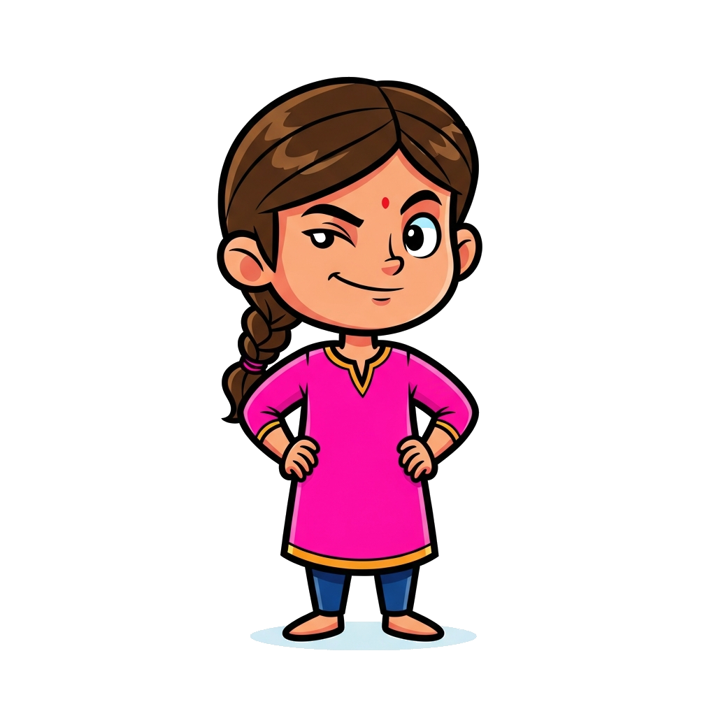 Custom design: A charming cartoon illustration of a young Indian girl, hands on her hips with a playful, confident smirk and a sligh...