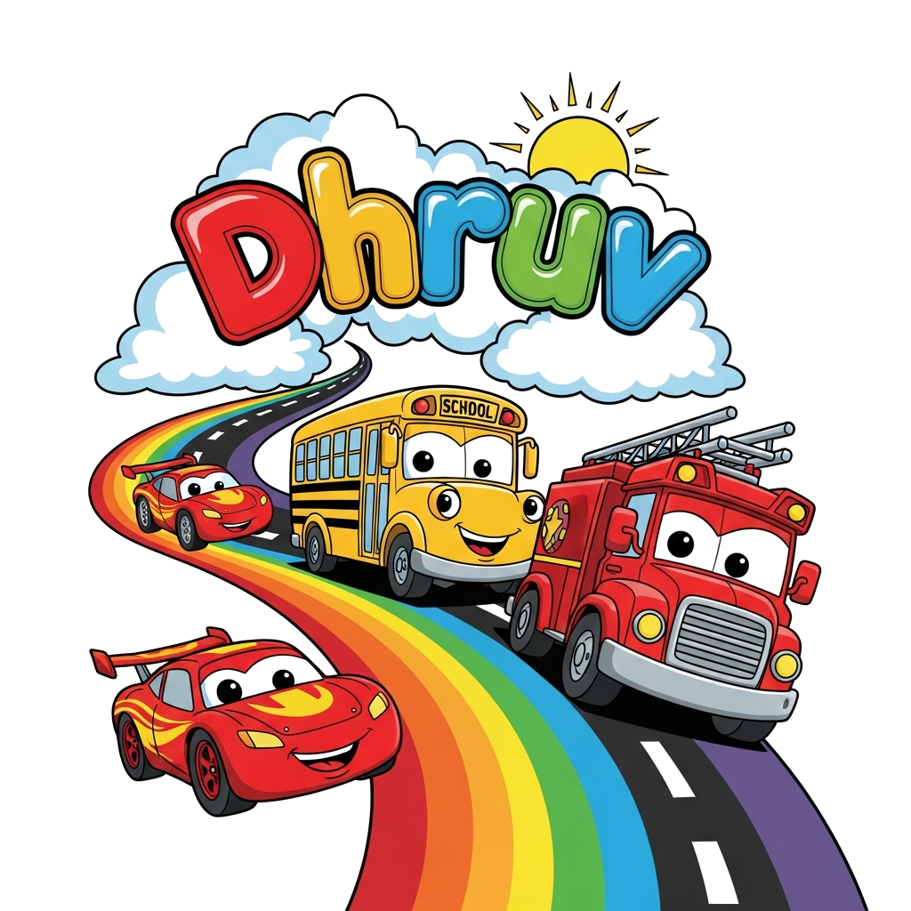 Custom design: A vibrant cartoon scene with various happy, anthropomorphic vehicles like a race car, a fire truck, and a school bus ...