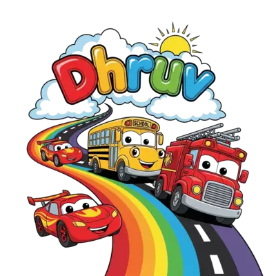 Design: A vibrant cartoon scene with various happy, anthropomorphic vehicles like a r...