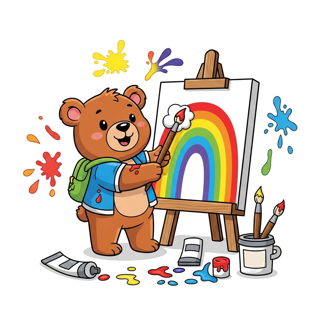 Custom design: A super cute cartoon bear happily painting a vibrant rainbow on a canvas, surrounded by colorful paint splatters, bru...