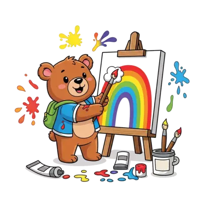 Design: A super cute cartoon bear happily painting a vibrant rainbow on a canvas, sur...