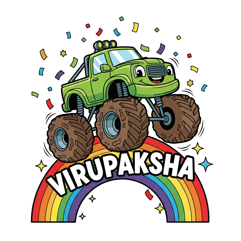 Custom design: A vibrant cartoon illustration of a happy monster truck with big wheels, jumping over a colorful rainbow, with the na...