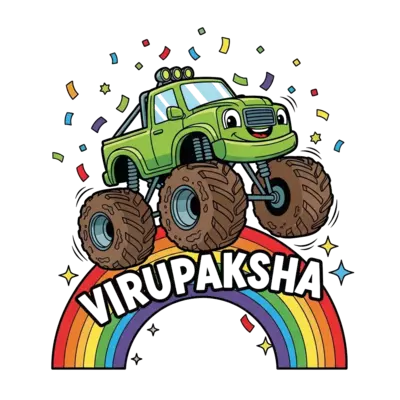 Design: A vibrant cartoon illustration of a happy monster truck with big wheels, jump...