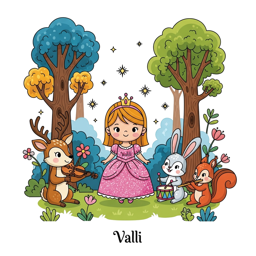 Custom design: A cute cartoon illustration of a little princess named 'Valli' surrounded by adorable forest animals (like a deer, a ...