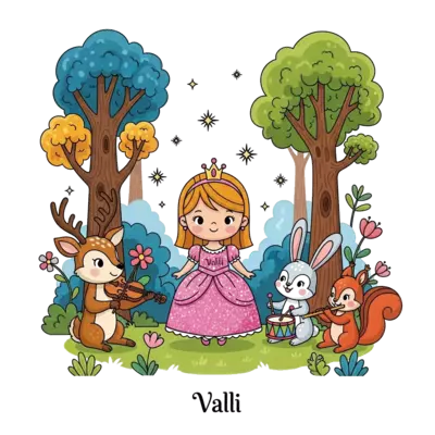 Design: A cute cartoon illustration of a little princess named 'Valli' surrounded by ...