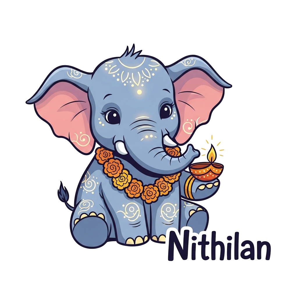 Custom design: A cute, magical baby elephant with subtle glowing patterns on its skin, wearing a festive marigold garland, gently ho...