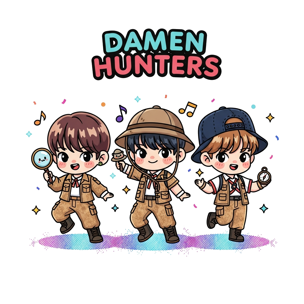 Custom design: A group of three adorable chibi-style K-pop idols, designed as 'Damen Hunters', each holding a tiny, cute accessory l...