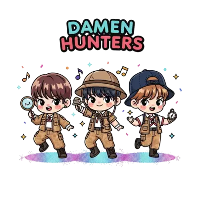 Design: A group of three adorable chibi-style K-pop idols, designed as 'Damen Hunters...