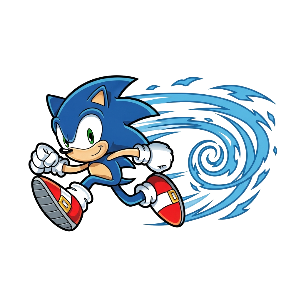 Custom design: A dynamic, cartoon illustration of Sonic the Hedgehog running at super speed, with a trail of blue energy behind him,...