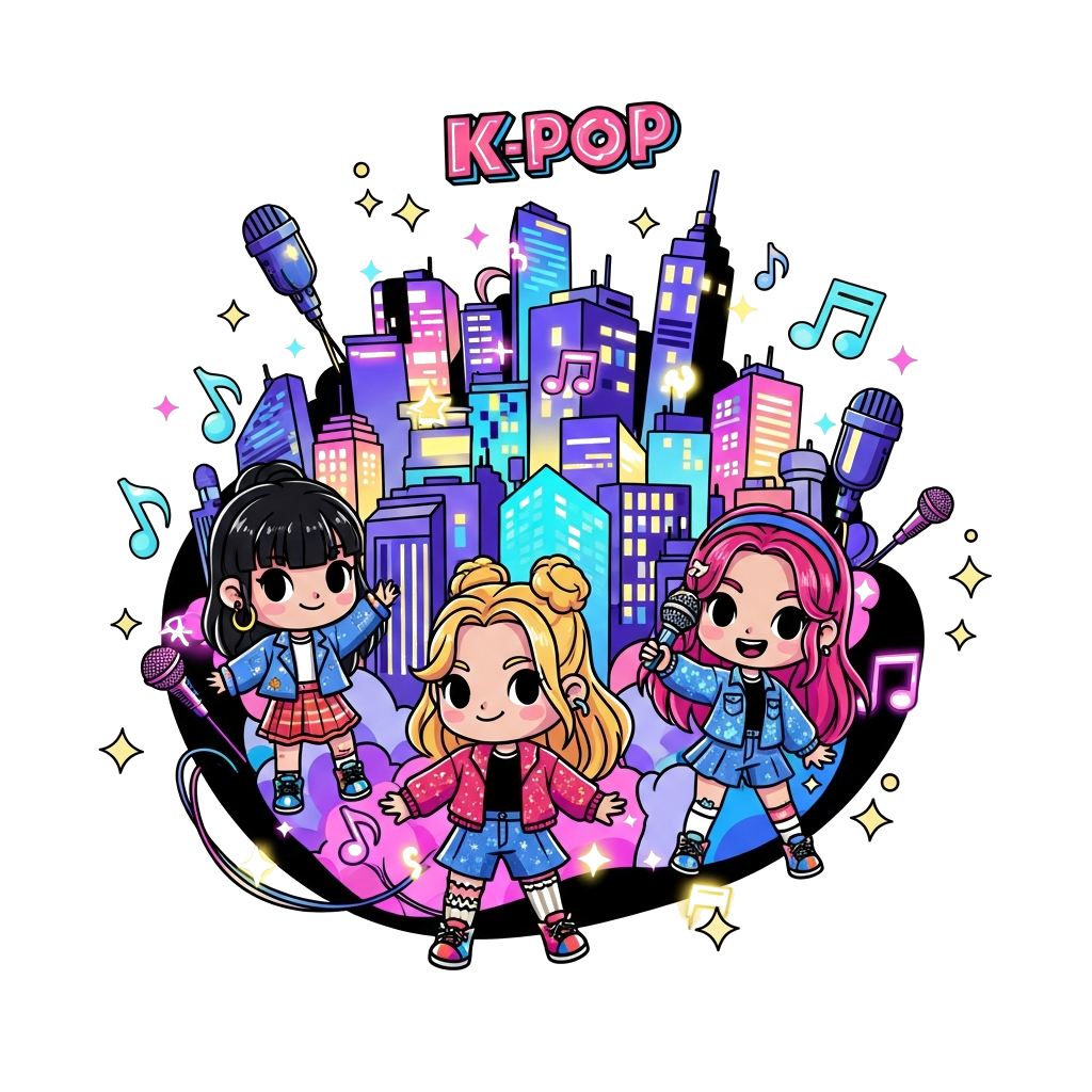 Custom design: A vibrant, playful illustration of three diverse chibi-style cartoon girls, dressed in trendy K-pop fashion, playfull...