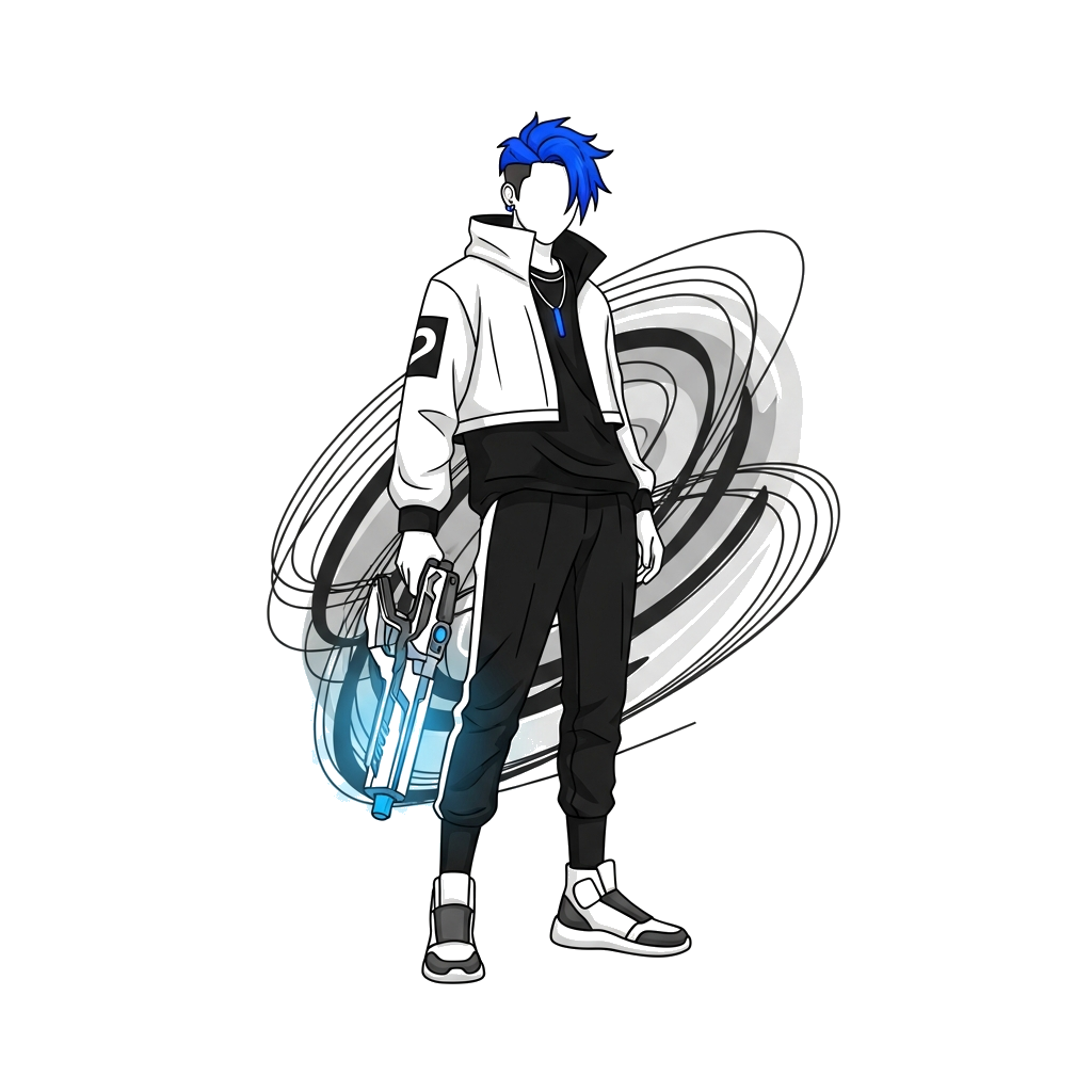 Custom design: A sleek, minimalist graphic of a confident, stylized K-pop inspired figure in a dynamic pose, holding a futuristic, g...
