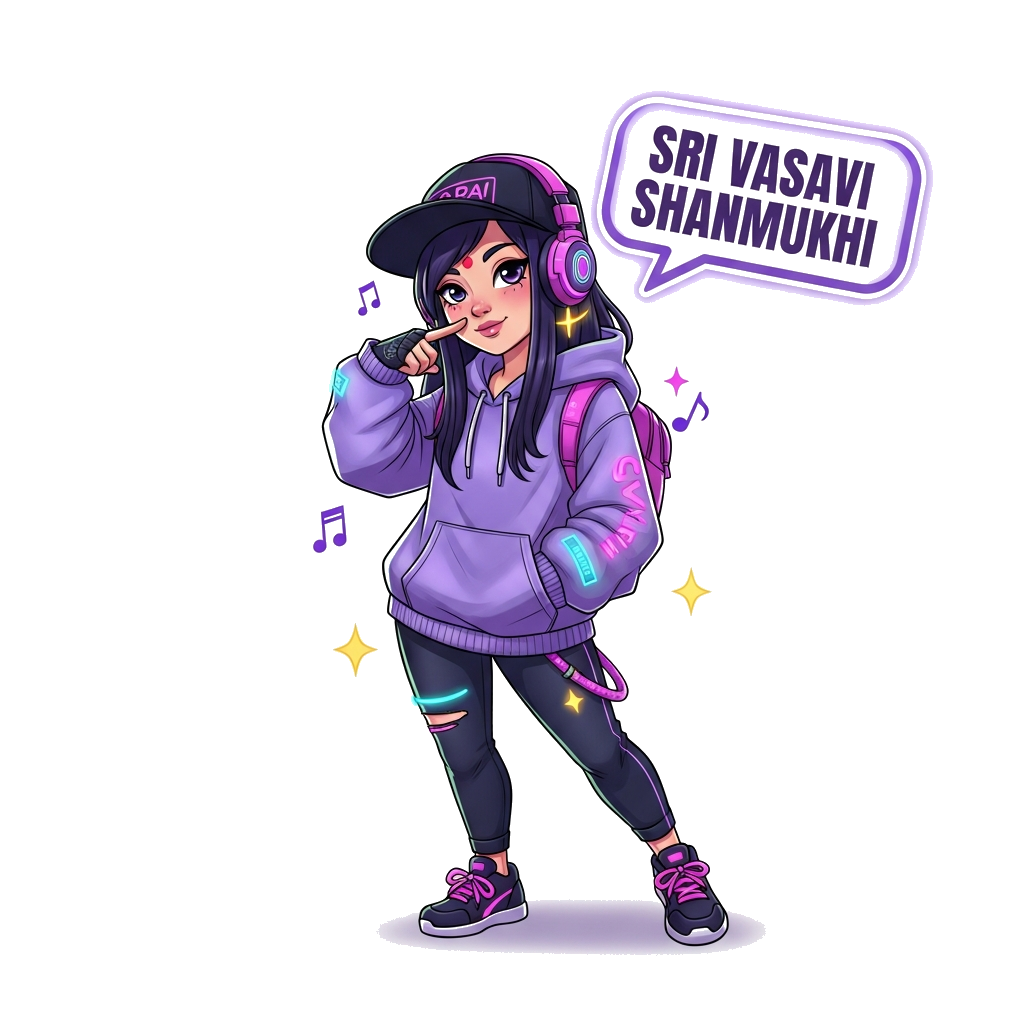 Custom design: A vibrant, cartoonish illustration of a K-pop inspired demon hunter girl, 'Sri Vasavi Shanmukhi', in a stylish street...