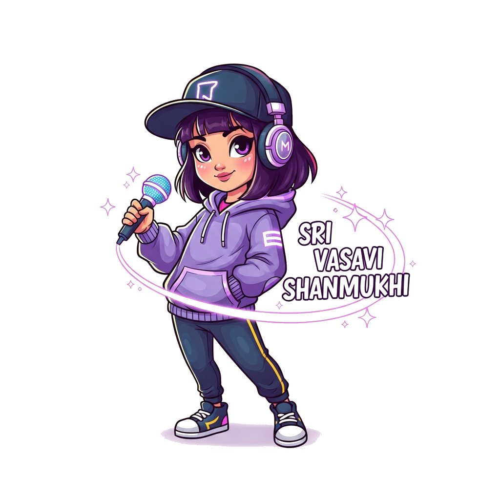 Custom design: A cheerful and confident K-pop inspired demon hunter girl, 'Sri Vasavi Shanmukhi', illustrated in a bright, cartoon s...