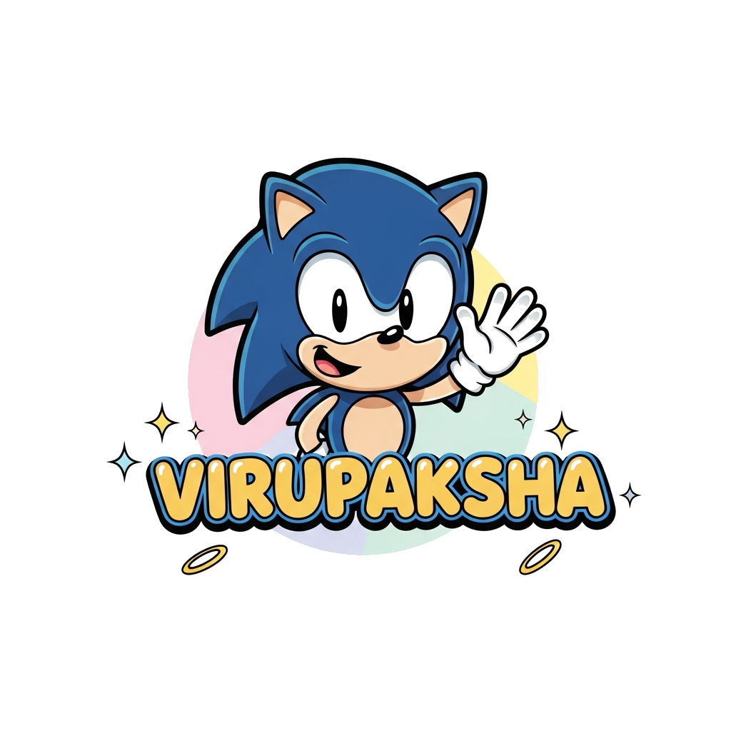 Custom design: A super cute, chibi-style Sonic the Hedgehog character, smiling and waving, with the name 'Virupaksha' in playful, bu...