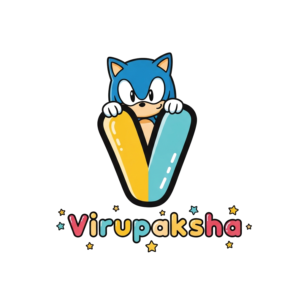 Custom design: A sweet, child-friendly illustration of Sonic peeking out from behind a large, colorful initial 'V' for Virupaksha, w...