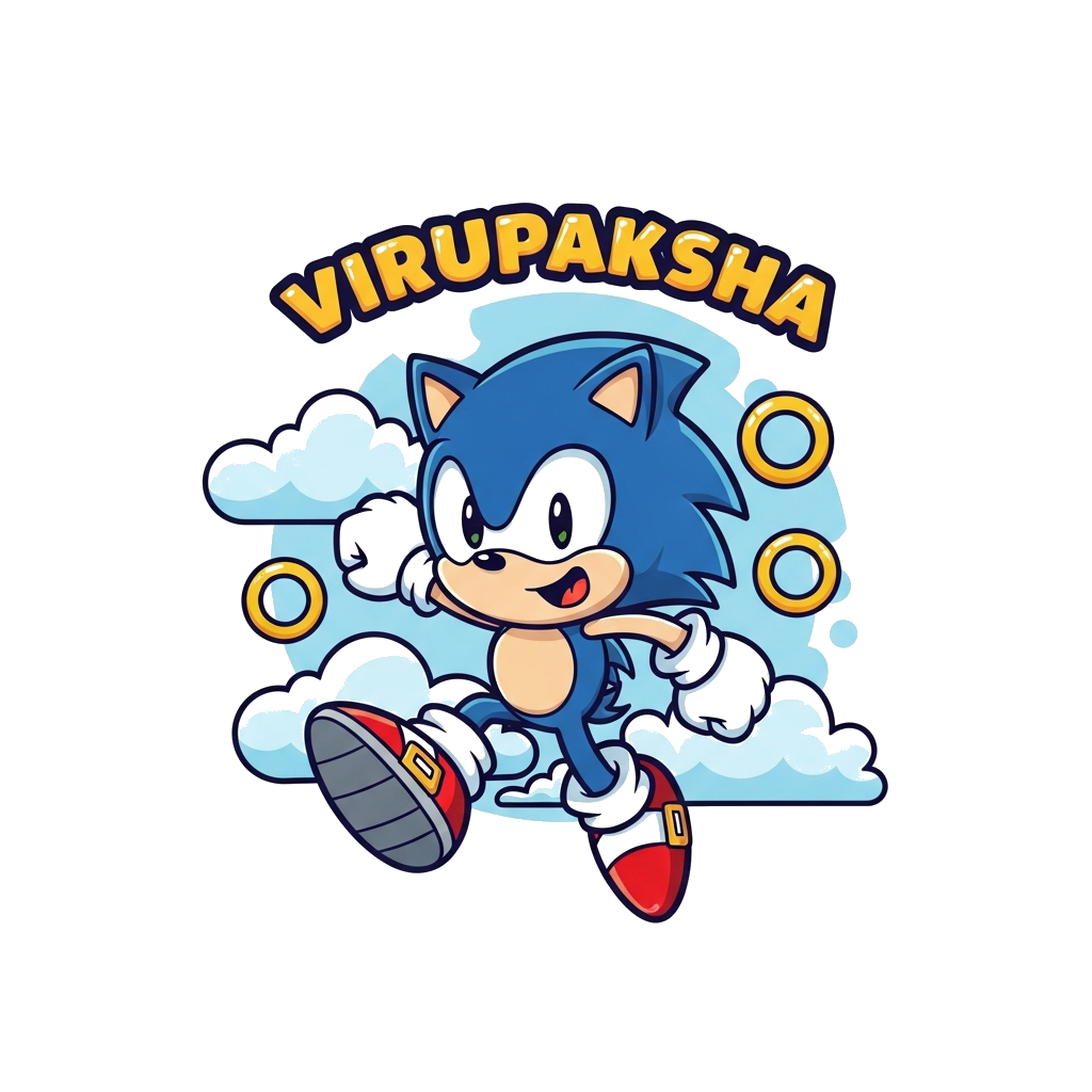 Custom design: An adorable, stylized Sonic character, running with a cheerful expression, with 'Virupaksha' written in a friendly, c...