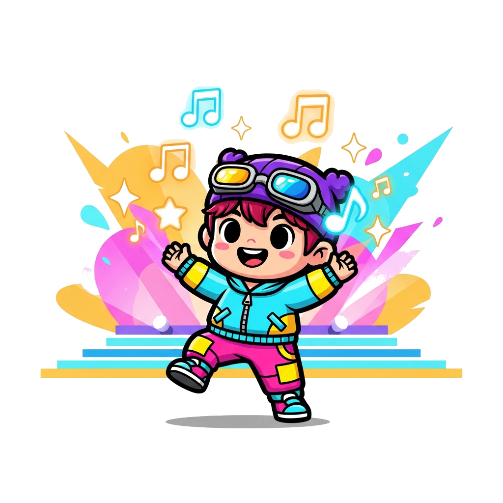 Custom design: A vibrant cartoon illustration of a cute child character, dressed in trendy K-pop fashion, happily collecting glowing...