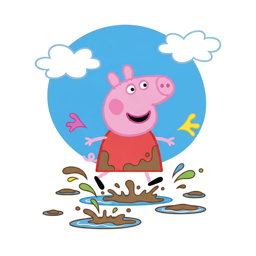 Custom design: A cheerful cartoon illustration of Peppa Pig jumping in muddy puddles, with colorful splashes and a bright blue sky, ...