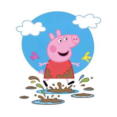 Design: A cheerful cartoon illustration of Peppa Pig jumping in muddy puddles, with c...