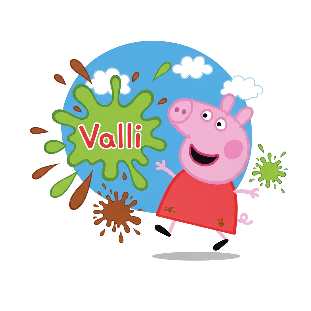 Custom design: A cheerful cartoon illustration of Peppa Pig jumping in muddy puddles, with colorful splashes, a bright blue sky, and...