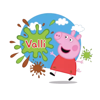 Design: A cheerful cartoon illustration of Peppa Pig jumping in muddy puddles, with c...