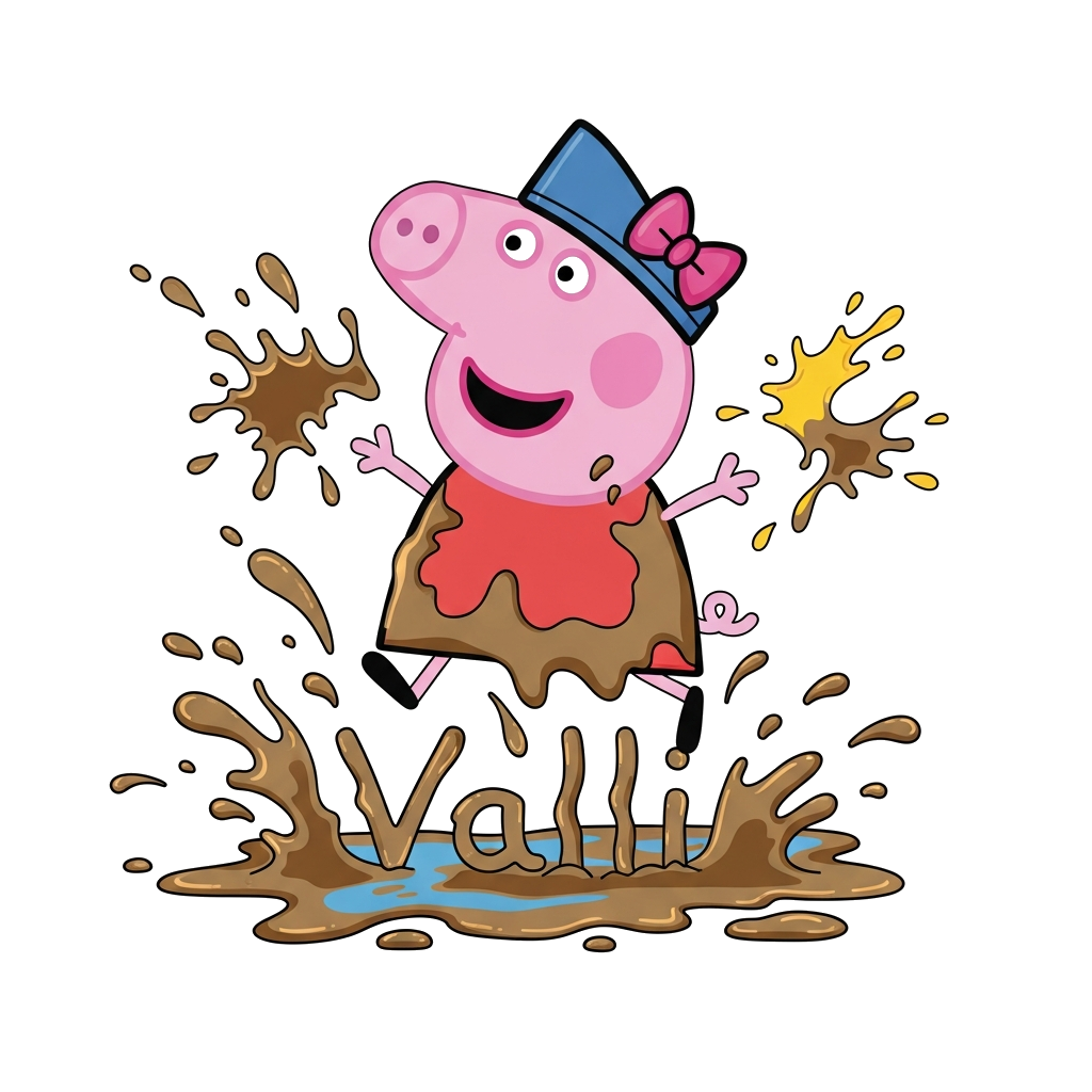Custom design: A joyful cartoon scene of Peppa Pig mid-jump in a muddy puddle, surrounded by dynamic, colorful mud splashes, with th...