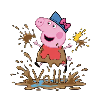 Design: A joyful cartoon scene of Peppa Pig mid-jump in a muddy puddle, surrounded by...
