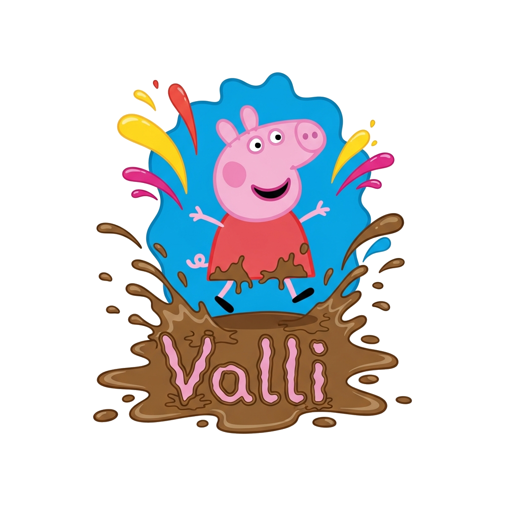 Custom design: A vibrant cartoon illustration of Peppa Pig joyfully mid-jump in a muddy puddle, surrounded by dynamic, multi-colored...