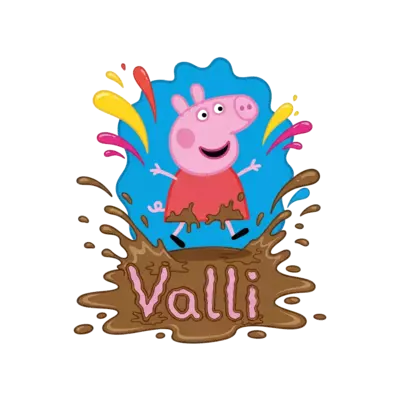 Design: A vibrant cartoon illustration of Peppa Pig joyfully mid-jump in a muddy pudd...