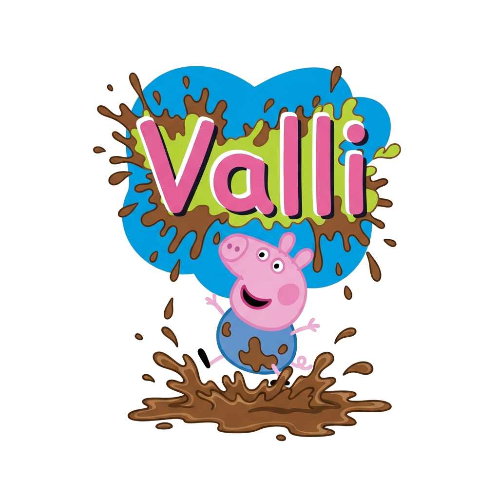 Custom design: A lively and colorful illustration of Peppa Pig having a fantastic time, jumping high in a muddy puddle. The name 'Va...