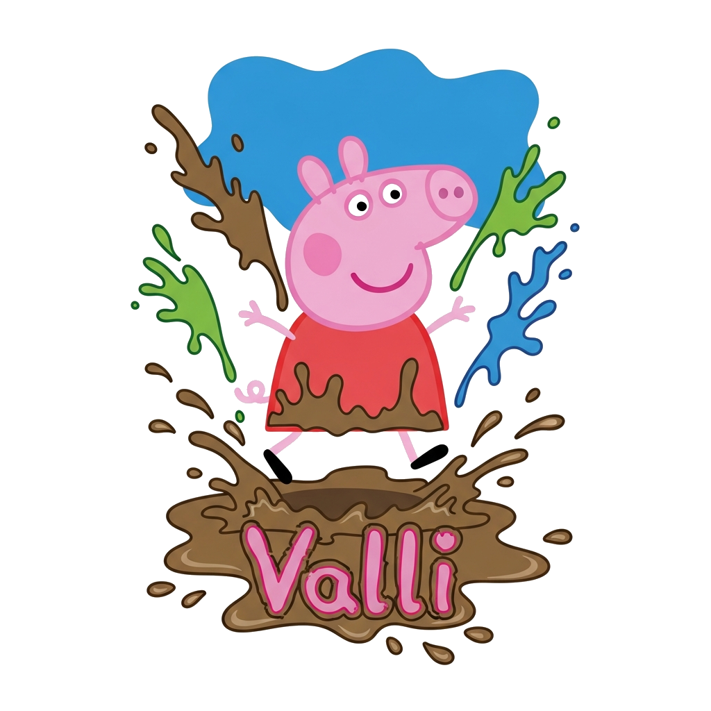 Custom design: A vibrant cartoon illustration of Peppa Pig joyfully mid-jump in a muddy puddle, surrounded by dynamic, multi-colored...
