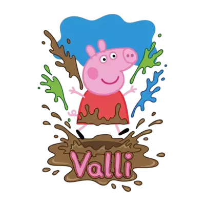 Design: A vibrant cartoon illustration of Peppa Pig joyfully mid-jump in a muddy pudd...
