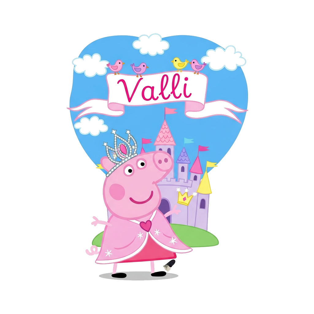 Custom design: A vibrant cartoon illustration of Peppa Pig, in her signature art style, wearing a sparkling tiara and a beautiful pi...