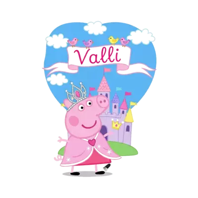 Design: A vibrant cartoon illustration of Peppa Pig, in her signature art style, wear...