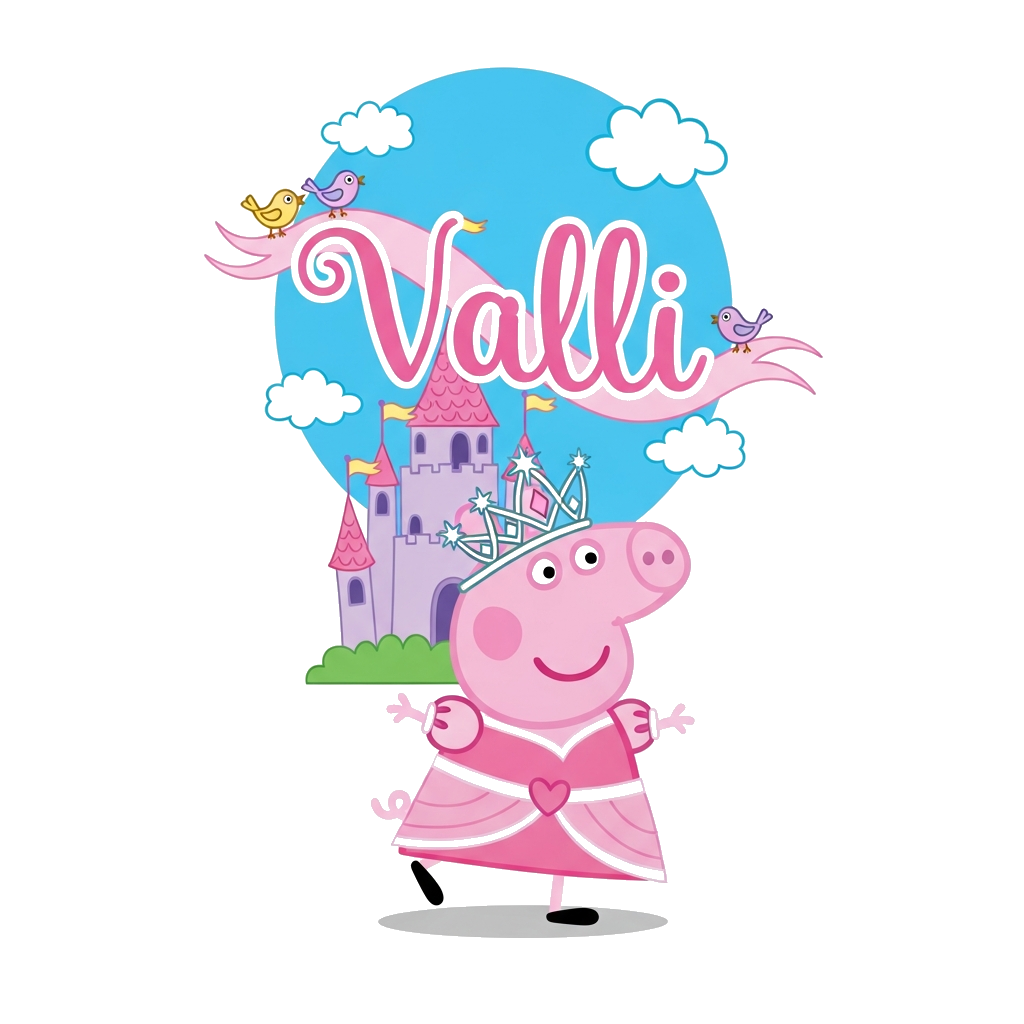 Custom design: A vibrant cartoon illustration of Peppa Pig, in her signature art style, dressed as a graceful princess with a sparkl...