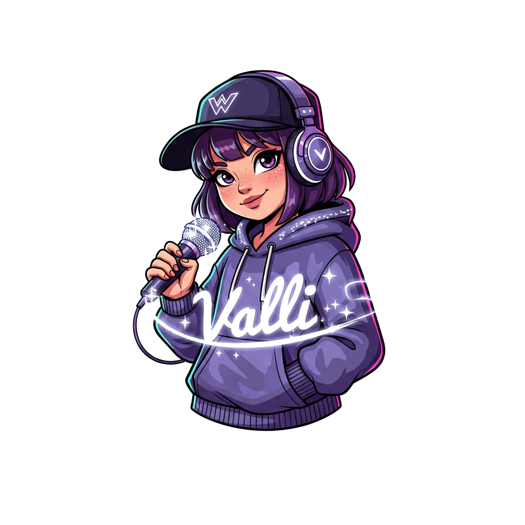 Custom design: A cheerful and confident K-pop inspired demon hunter girl, illustrated in a bright, cartoon style. She's wearing a st...