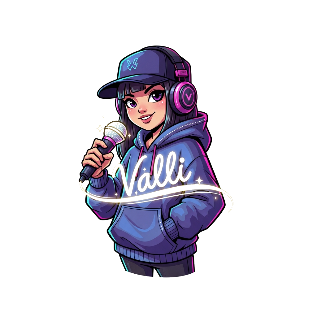 Custom design: A cheerful and confident K-pop inspired demon hunter girl, illustrated in a bright, cartoon style. She's wearing a st...