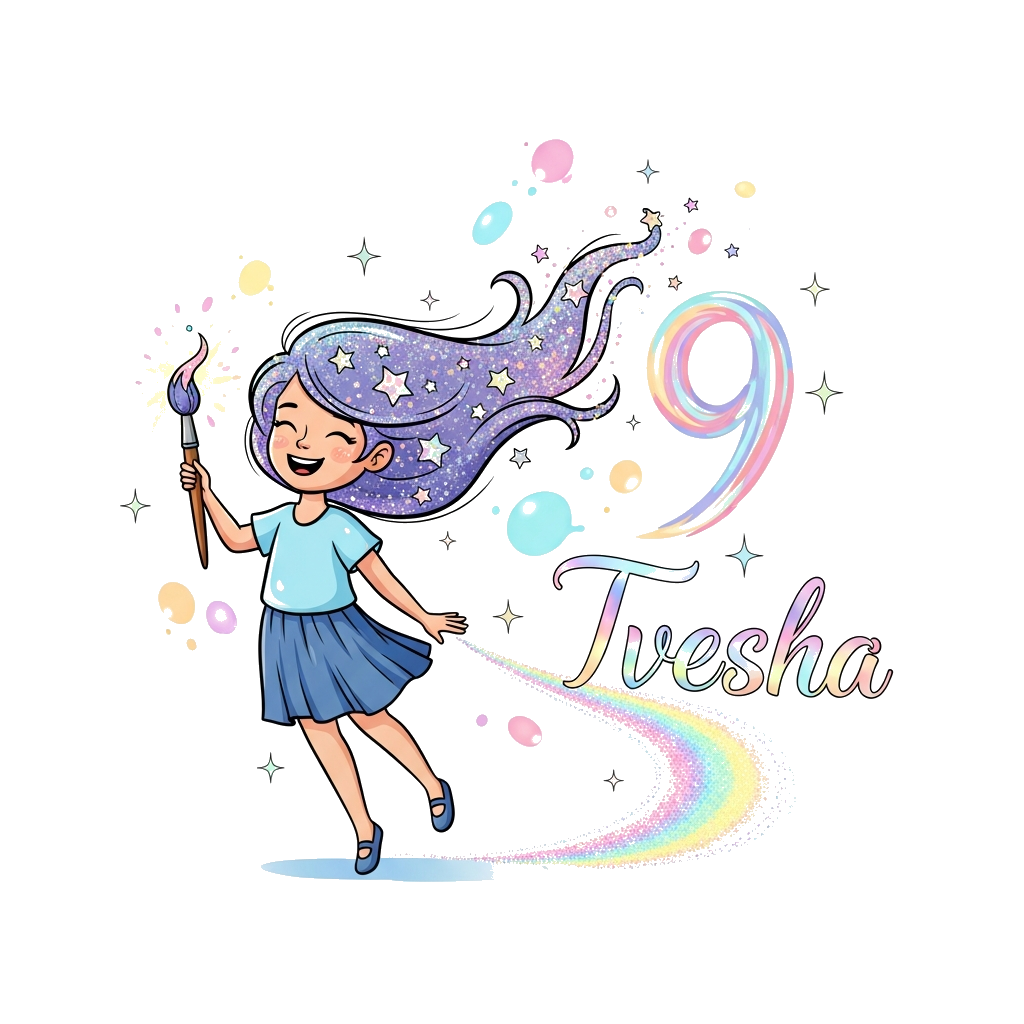 Custom design: A whimsical illustration of a joyful young girl with long, flowing hair made of stardust, holding a magical paintbrus...
