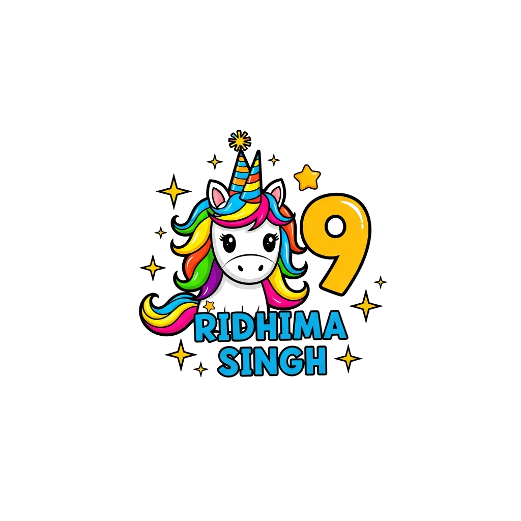 Custom design: A cute cartoon unicorn with a rainbow mane and tail, wearing a party hat, surrounded by sparkling stars and the numbe...