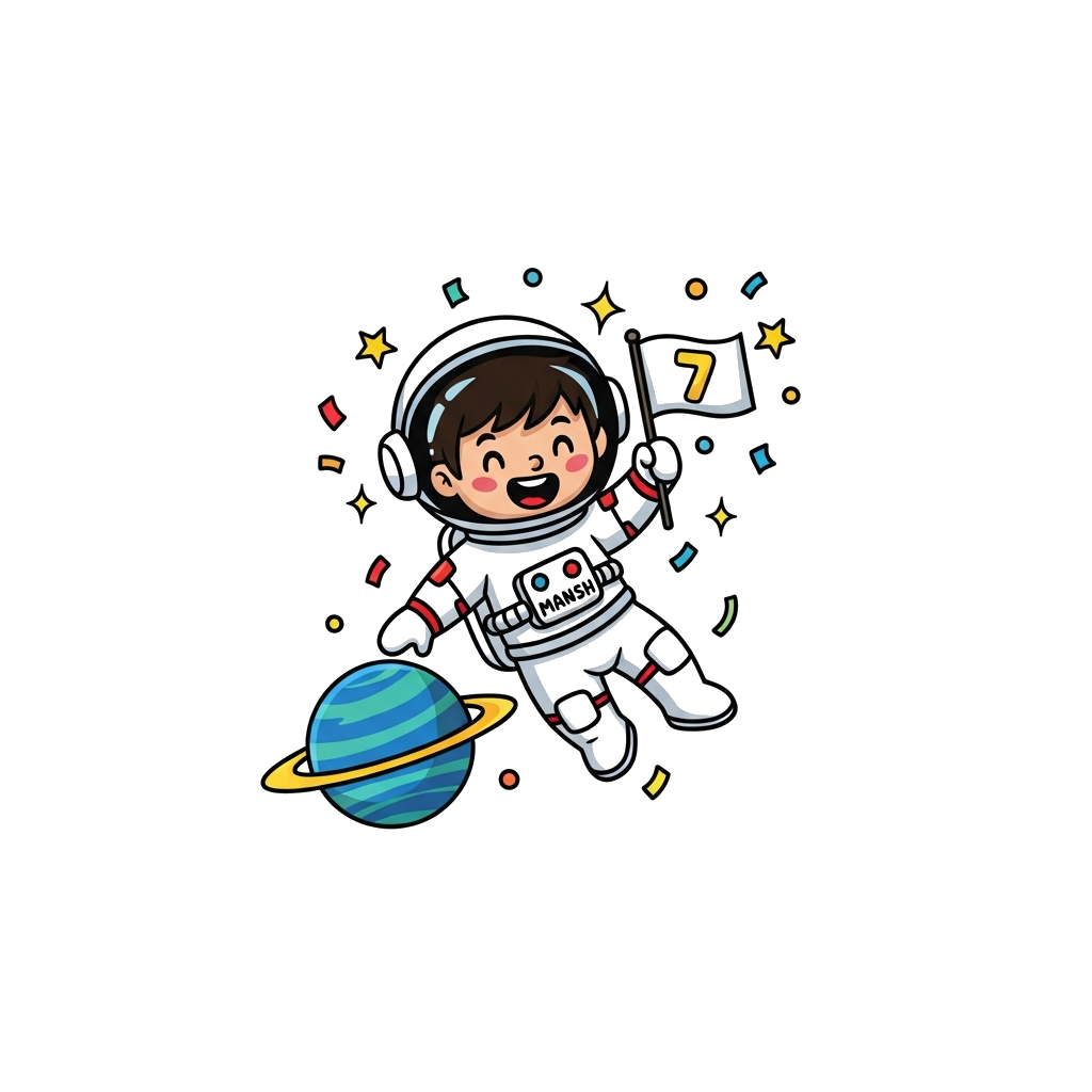 Custom design: A cheerful cartoon astronaut boy, named 'Mansh', wearing a space helmet, floating happily in outer space next to a vi...